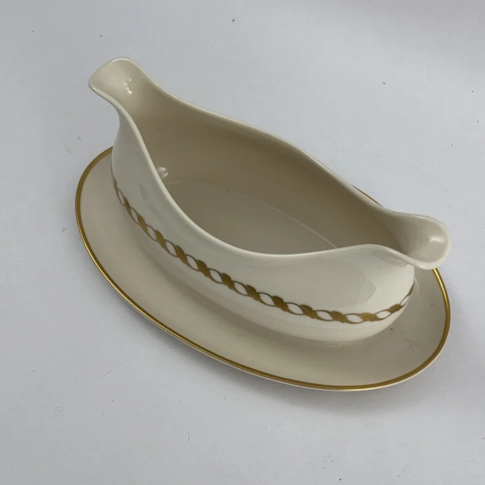 Vintage Franciscan Fine China Del Monte Cream Gold Accent Gravy Boat Underplate‎